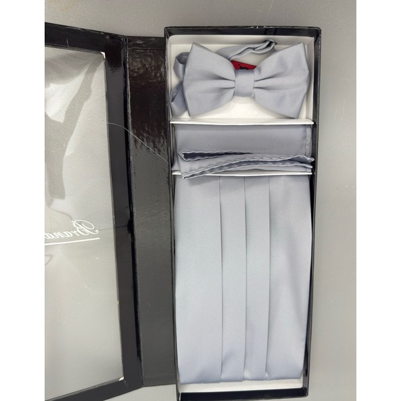 New In Box Brand Q‎ Silver Gray Cummerbund Bowtie Hankie Set Wedding Prom  #5 - Picture 5 of 10
